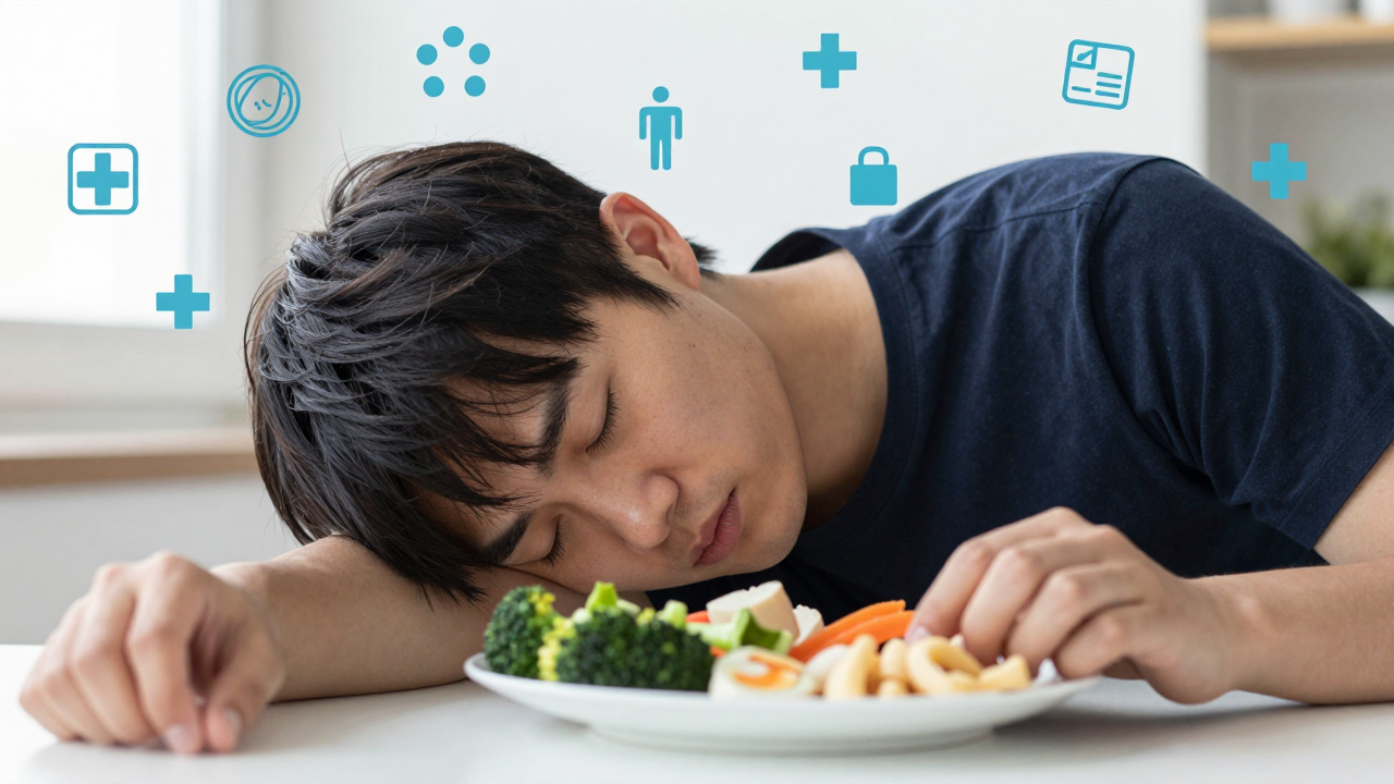 Người đang ngồi ăn và cảm thấy buồn ngủ, xung quanh là biểu tượng y tế và sức khỏe.
