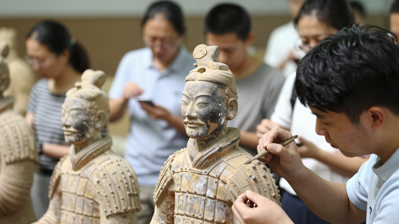 Nhân viên lao động khác nhau tuổi và giới tính đang làm việc trên đội quân đất nung