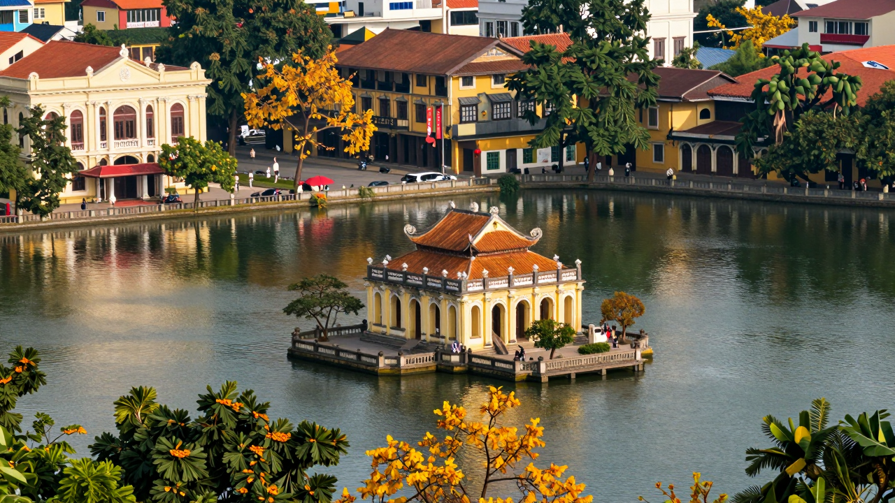 Hồ Gươm Hà Nội vào mùa thu 2026 với cảnh quan đẹp, kết nối giữa phố cổ và phố Tây.