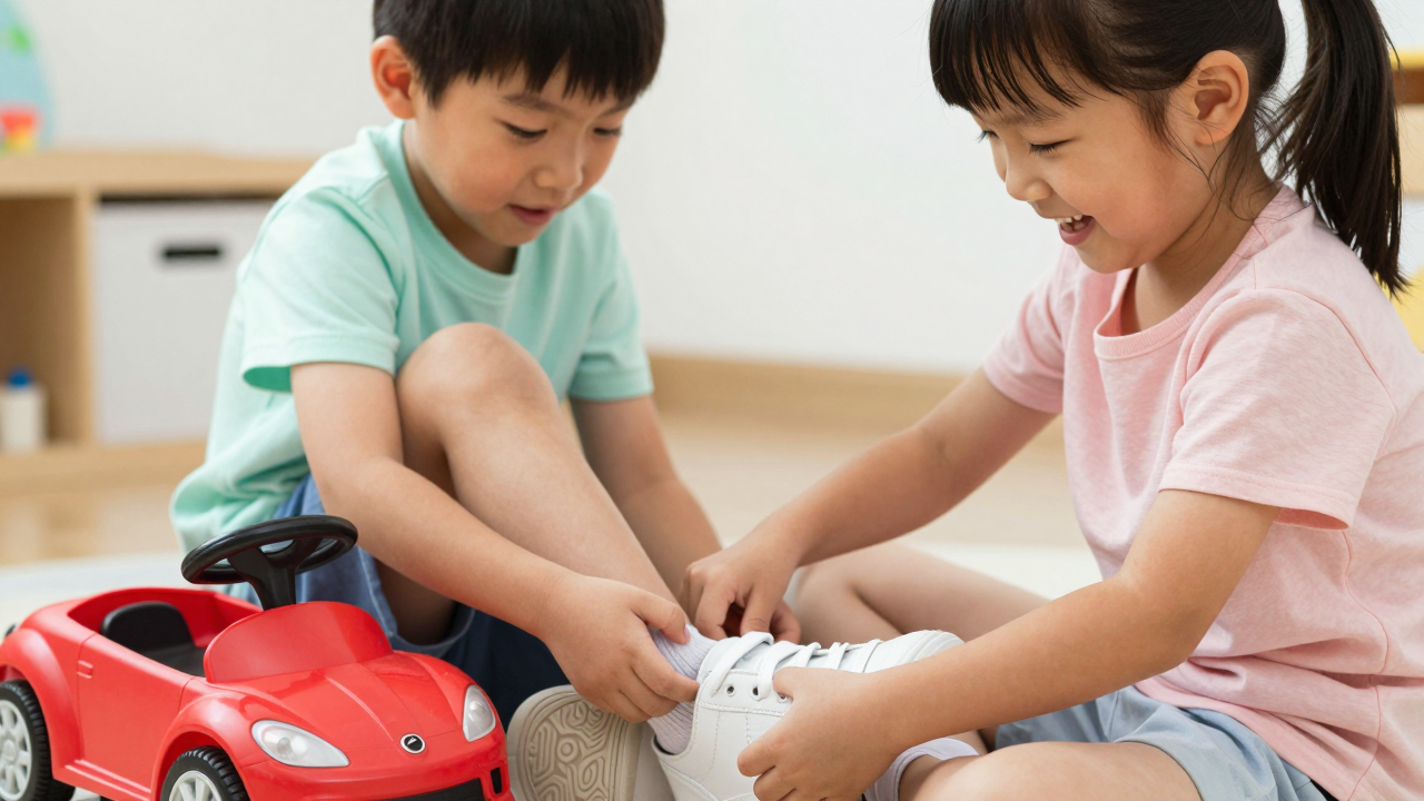 Cậu bé mầm non giúp bạn gái đi giày, nụ cười và sự quan tâm của em.