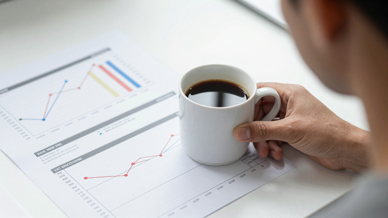 Người đang ngồi làm việc với cốc cà phê, xung quanh là biểu đồ đường huyết