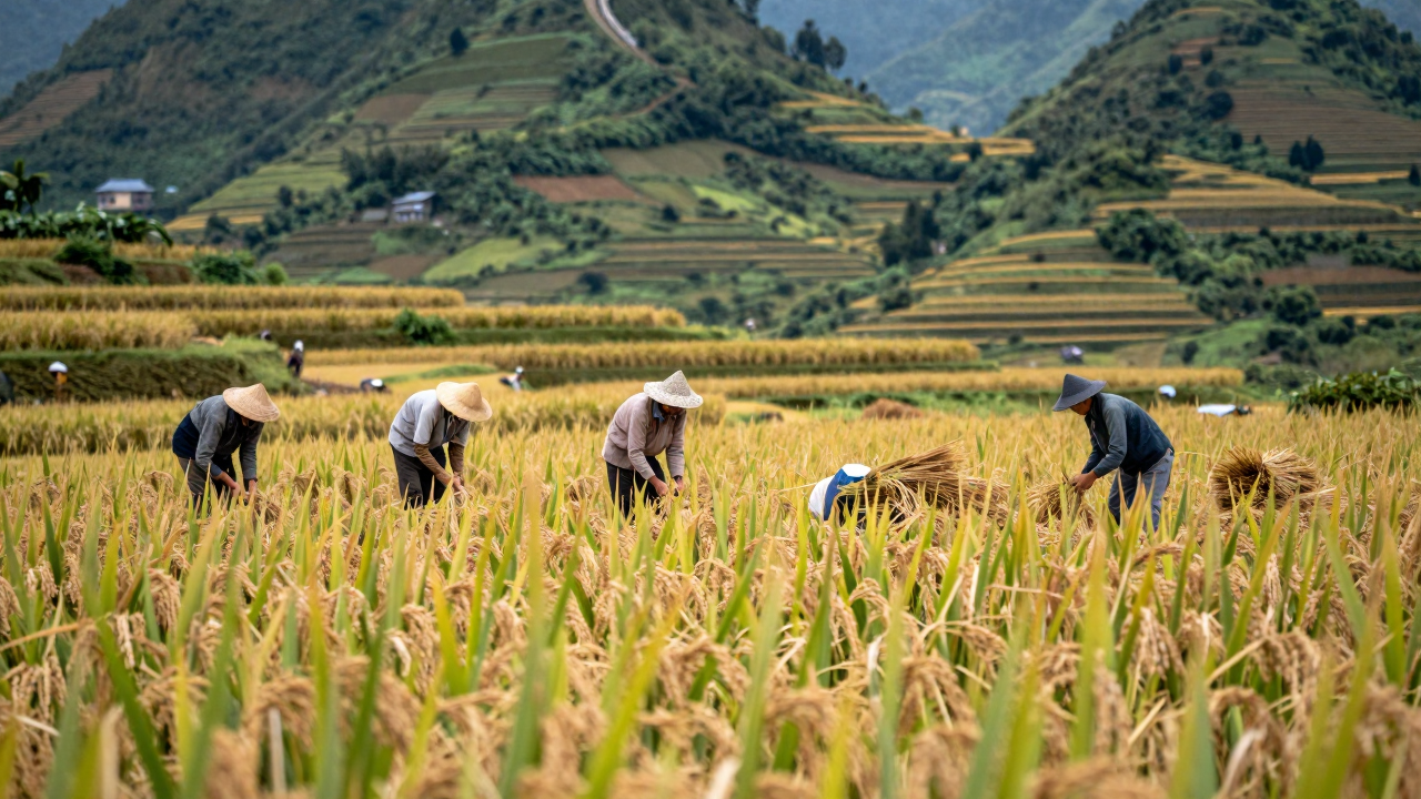 Khung cảnh mùa lúa chín vàng rực rỡ giữa núi rừng Trùng Khánh, Cao Bằng