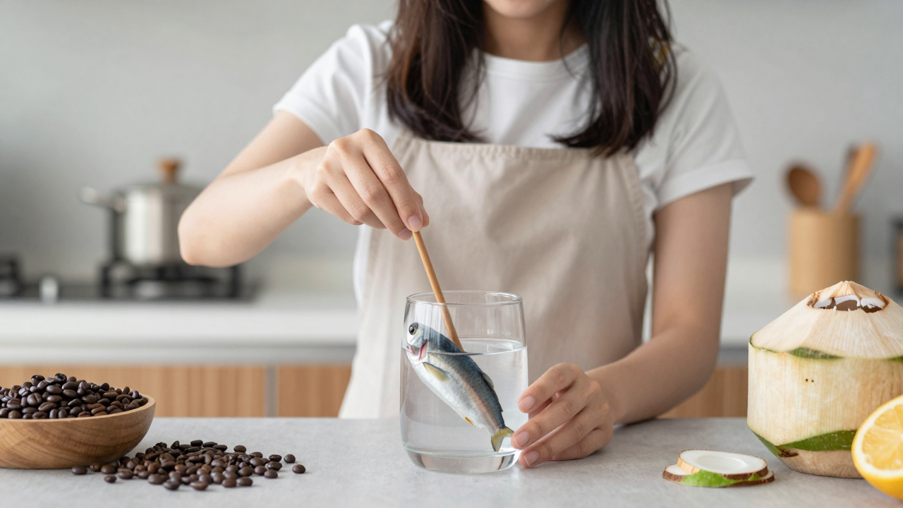 Cô gái trẻ đang pha chế món nước cá kho nước dừa tại cuộc thi pha chế.