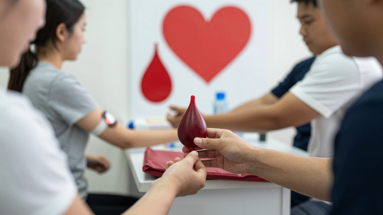 Nhóm người hiến máu tại bệnh viện, biểu tượng máu và tim