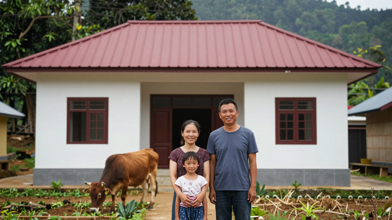Gia đình chị Vui ở Tuyên Quang đứng trước ngôi nhà mới, bên cạnh con trâu sinh sản.