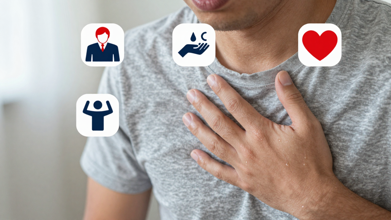 Minh họa triệu chứng cơn đau tim không kèm đau ngực, bao gồm khó thở, buồn nôn và vã mồ hôi lạnh.