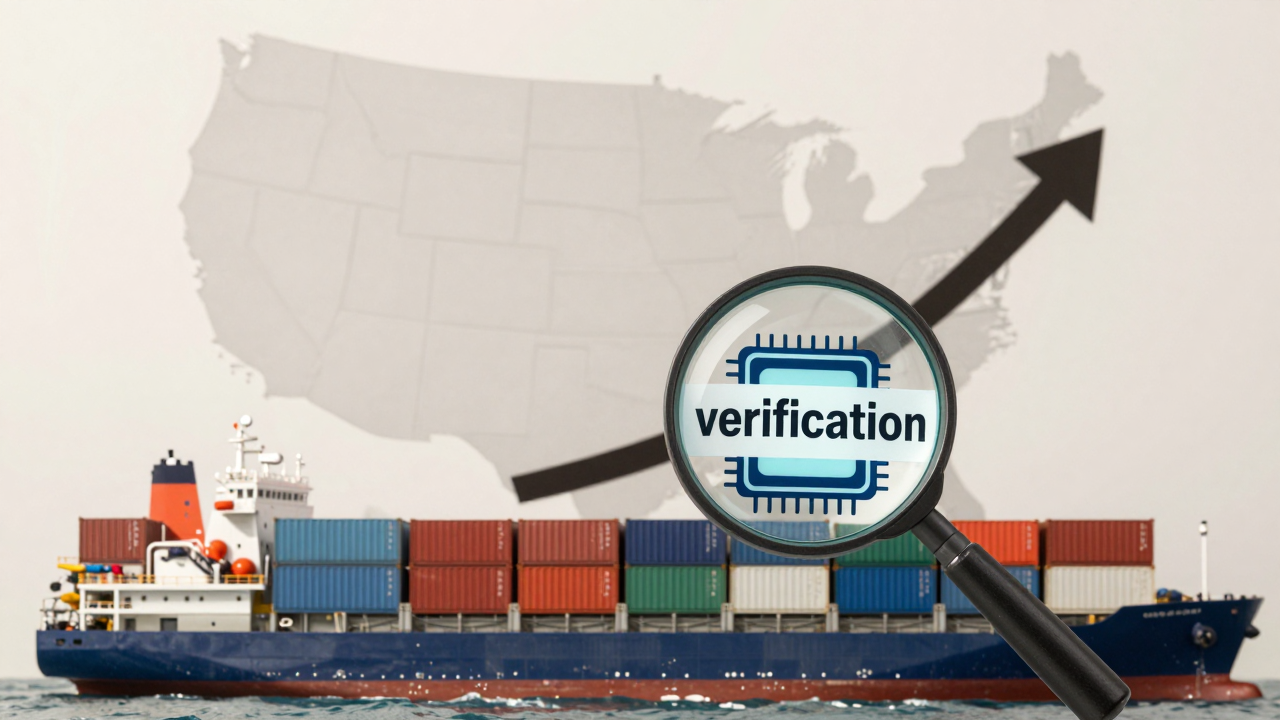 Minh họa biểu tượng: bản đồ Mỹ, container, mũi tên tăng và chip AI