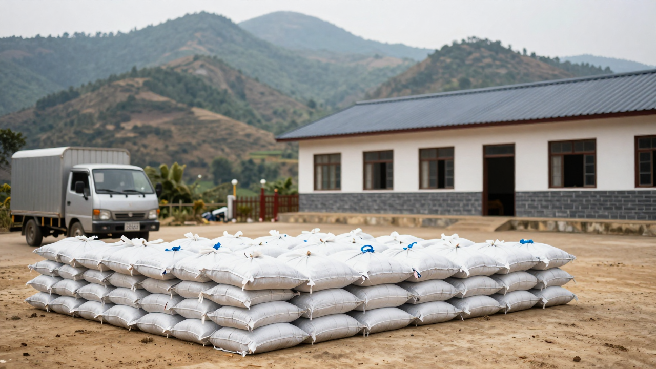 Các bao gạo được chuẩn bị chuyển đến một trường học vùng núi