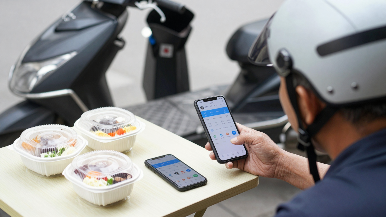 Minh họa người đàn ông lớn tuổi bên hộp đồ ăn, điện thoại và mũ bảo hiểm xe máy.