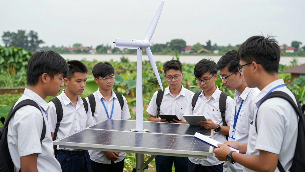 Minh họa nhóm nghiên cứu thử nghiệm giải pháp năng lượng sạch trong khuôn viên đại học.