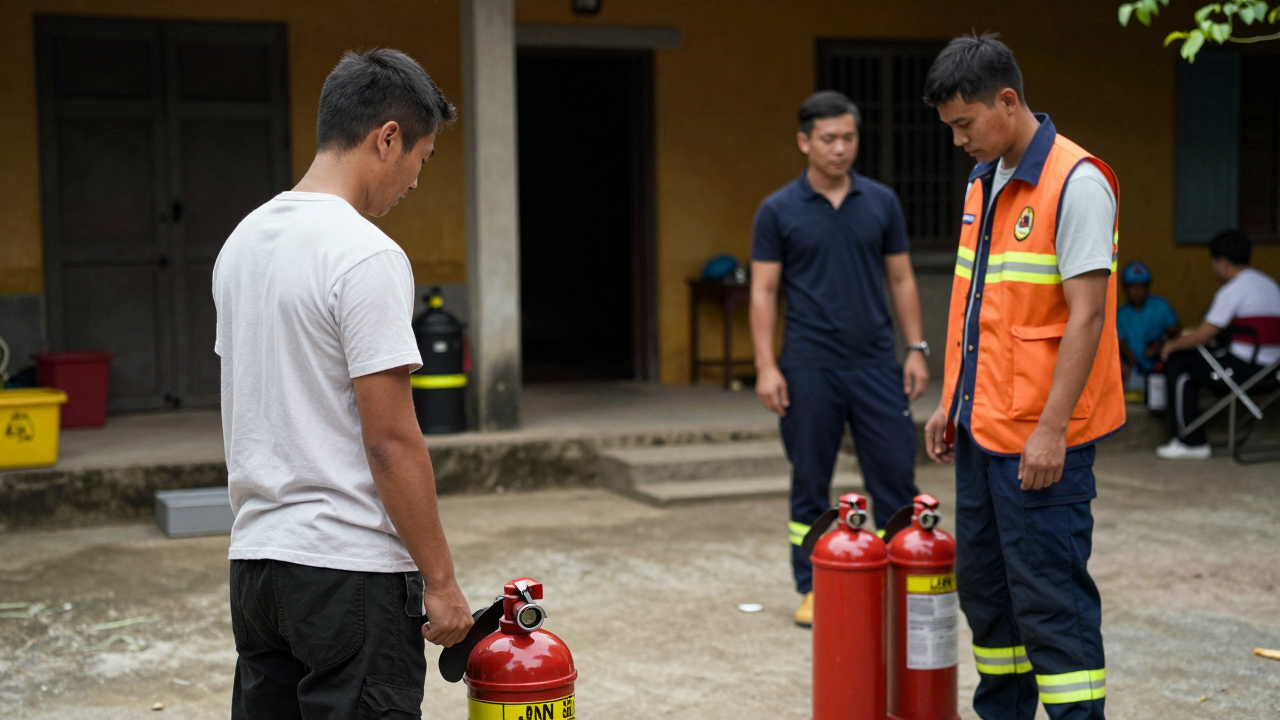 Minh họa đội dân phòng chuẩn bị thiết bị phòng cháy, chữa cháy tại một khu dân cư.