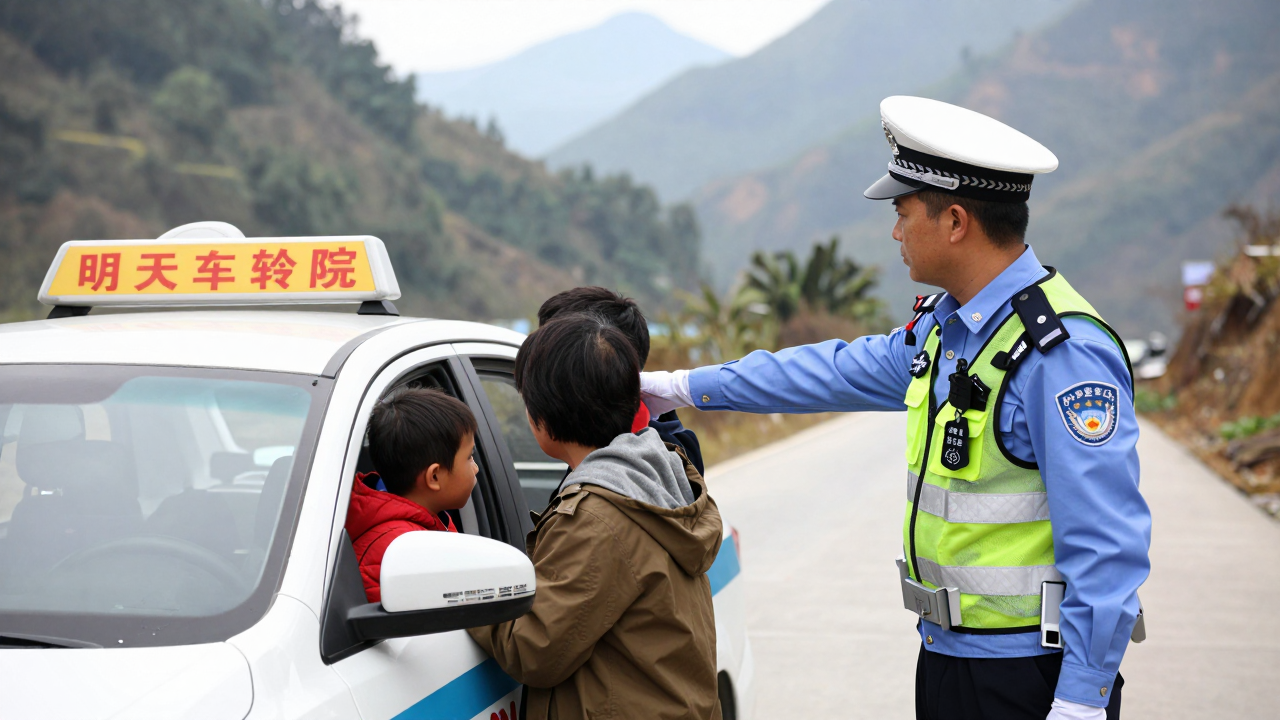 Minh họa cảnh sát giao thông hướng dẫn taxi đưa trẻ nhỏ đến bệnh viện