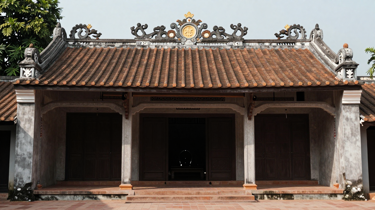 Minh họa đình truyền thống trong khung cảnh làng quê Việt Nam