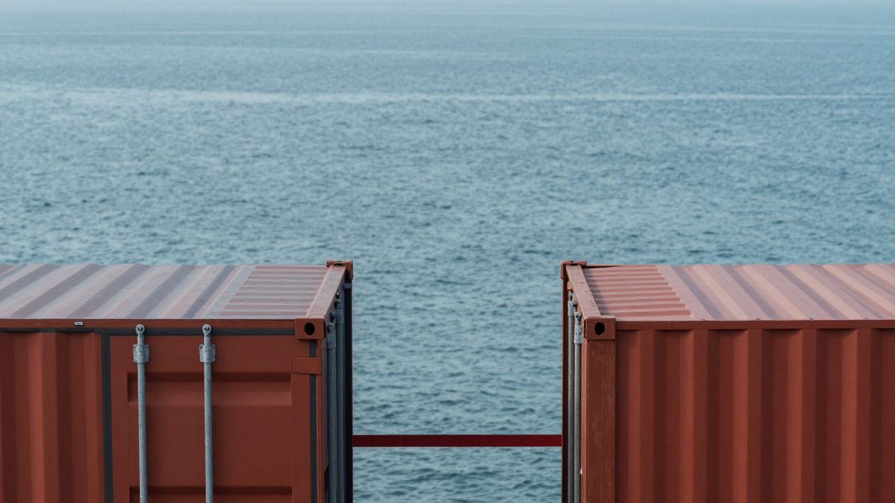 Minh họa hai đối tác thương mại và các container hàng hóa trước một ranh giới chính sách