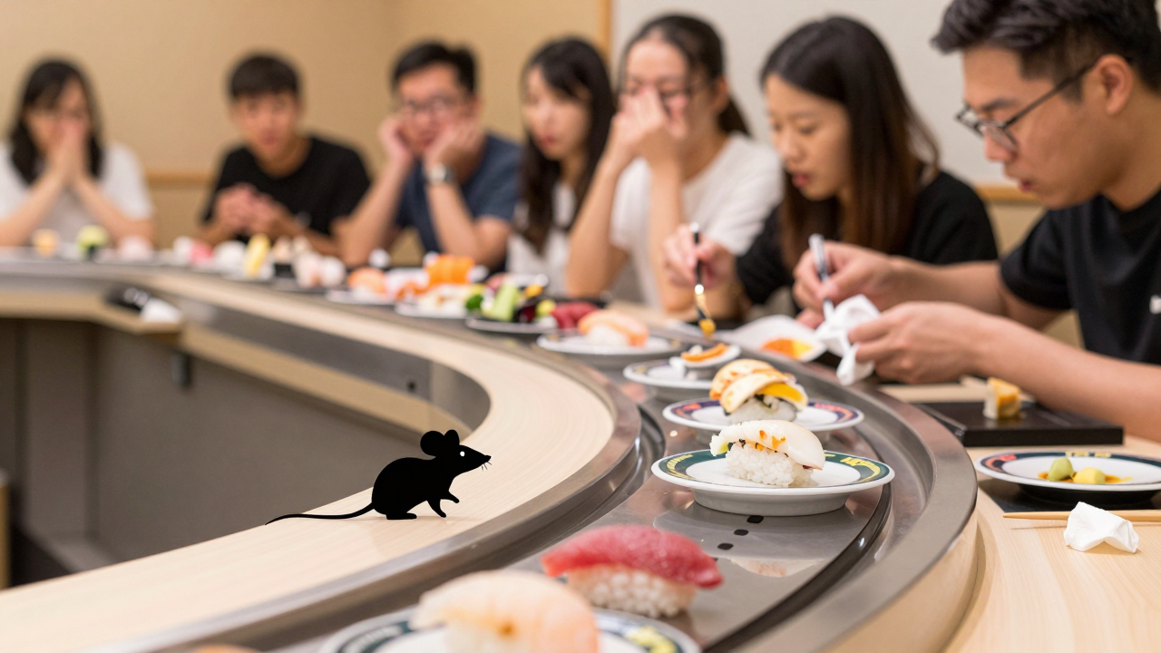 Minh họa băng chuyền sushi tại nhà hàng và phản ánh về một con chuột