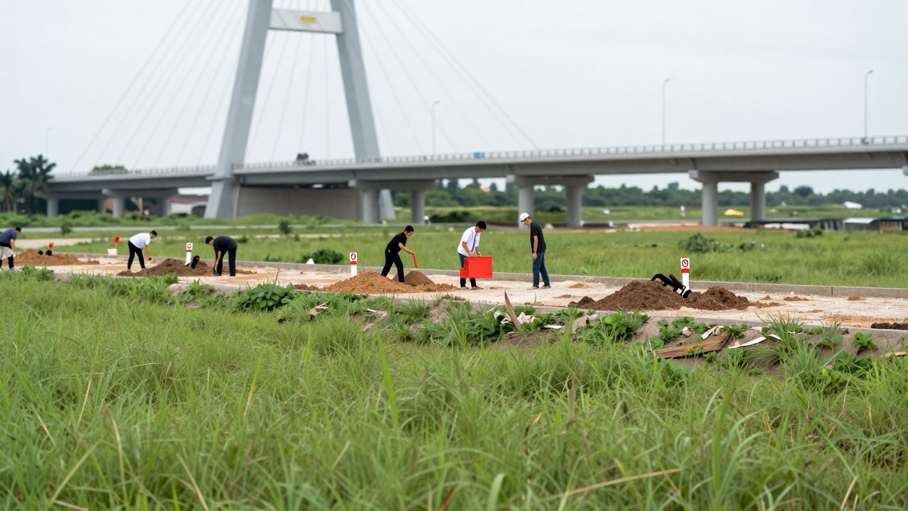 Minh họa khu đất dự án đô thị gần cầu Long Vân với máy móc và cọc mốc quy hoạch