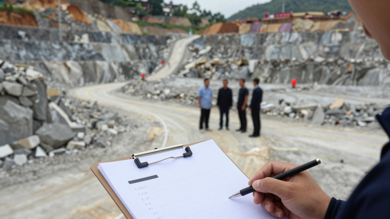 Minh họa khu khai thác đá và hoạt động kiểm tra ranh giới mỏ tại Nghệ An