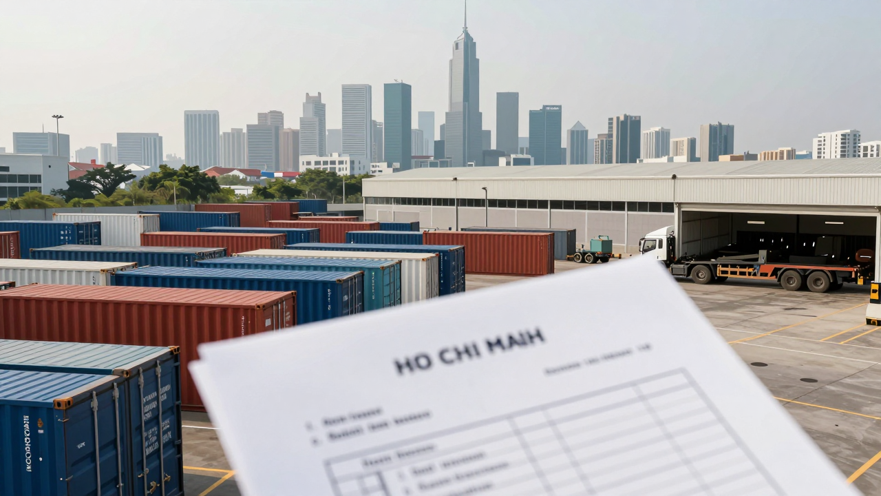 Minh họa khu logistics với container, xe tải và văn bản dự thảo tại TP.HCM