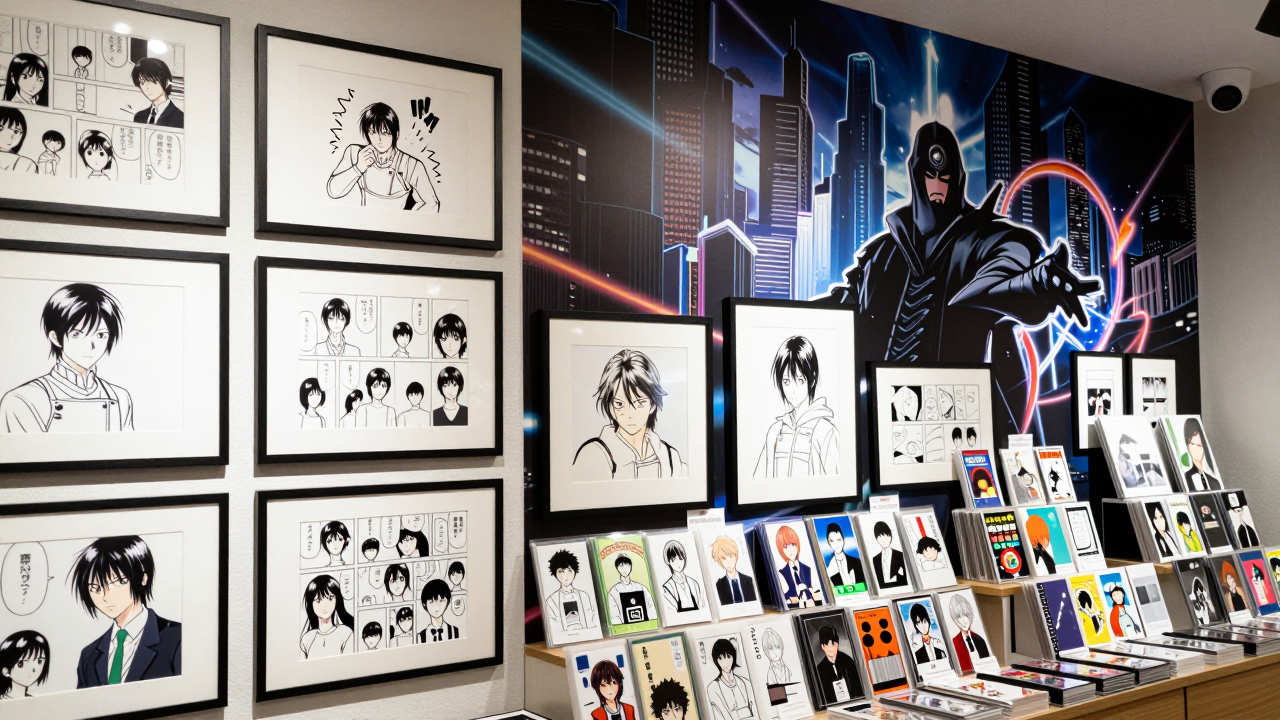 Minh họa không gian triển lãm manga với storyboard, bản phác thảo và quầy vật phẩm lưu niệm