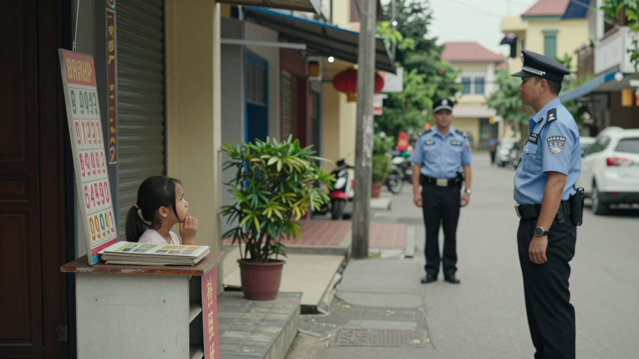 Minh họa khu phố ở Cần Thơ với quầy vé số và người thân trao đổi với công an.