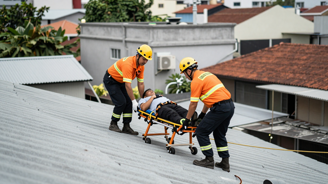 Lực lượng cứu hộ đưa một người đàn ông từ mái tôn xuống đất tại TPHCM.