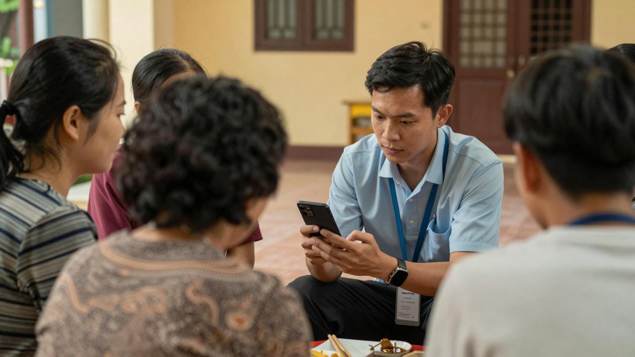 Một người hướng dẫn người dân sử dụng điện thoại trong không gian sinh hoạt cộng đồng