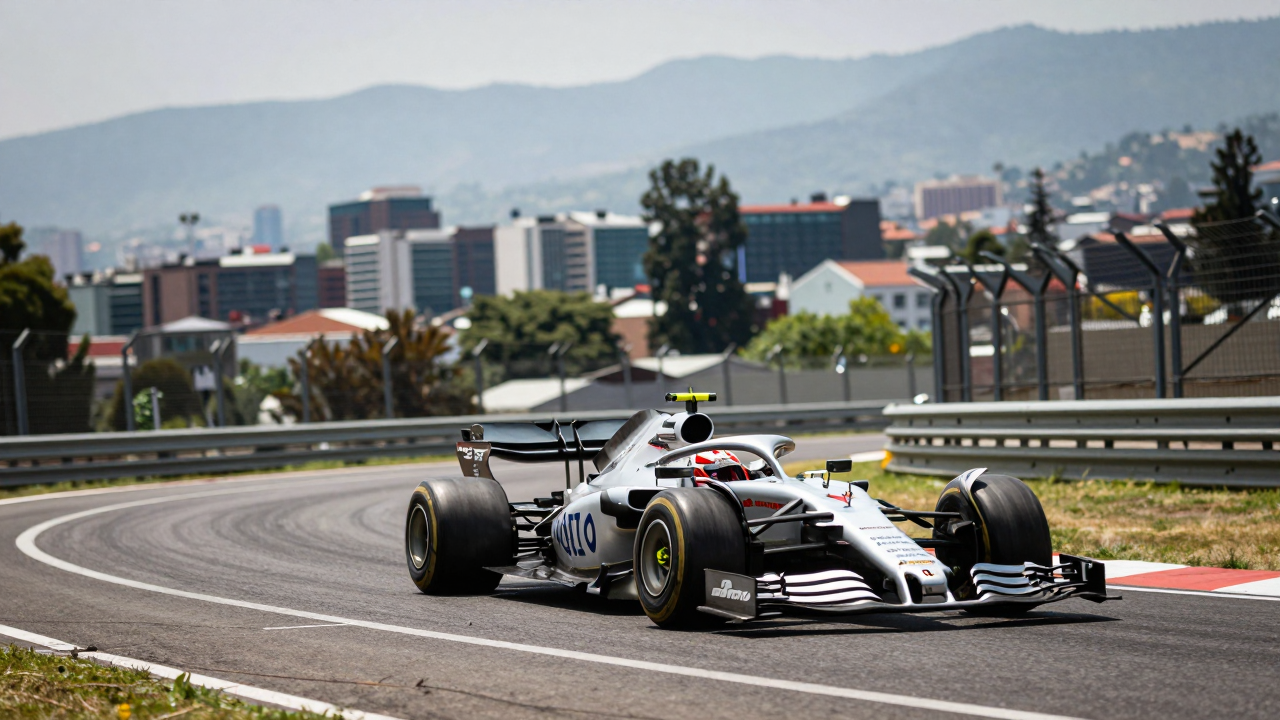 Xe đua F1 vào cua trên đường đua Mexico City giữa khung cảnh thành phố.