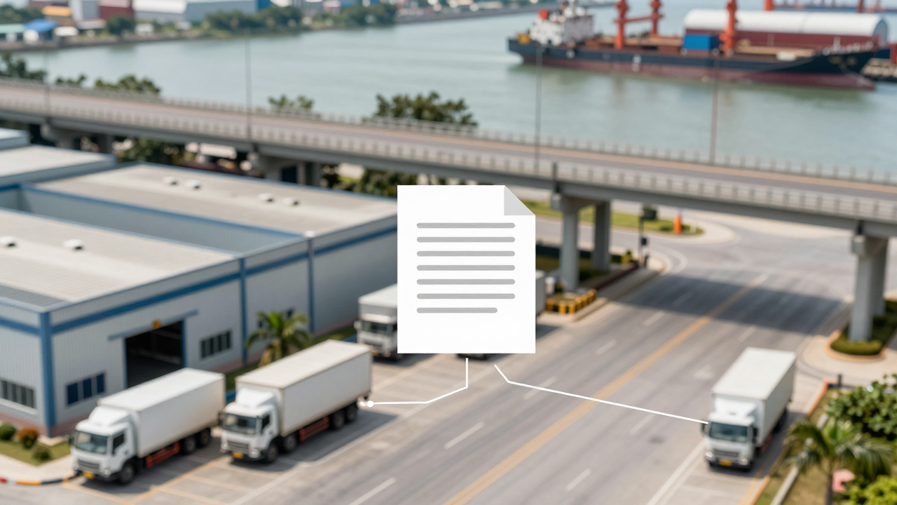 Minh họa nhà máy, kho bãi, xe vận tải và cảng biển kết nối trong bài toán vốn hạ tầng và logistics.