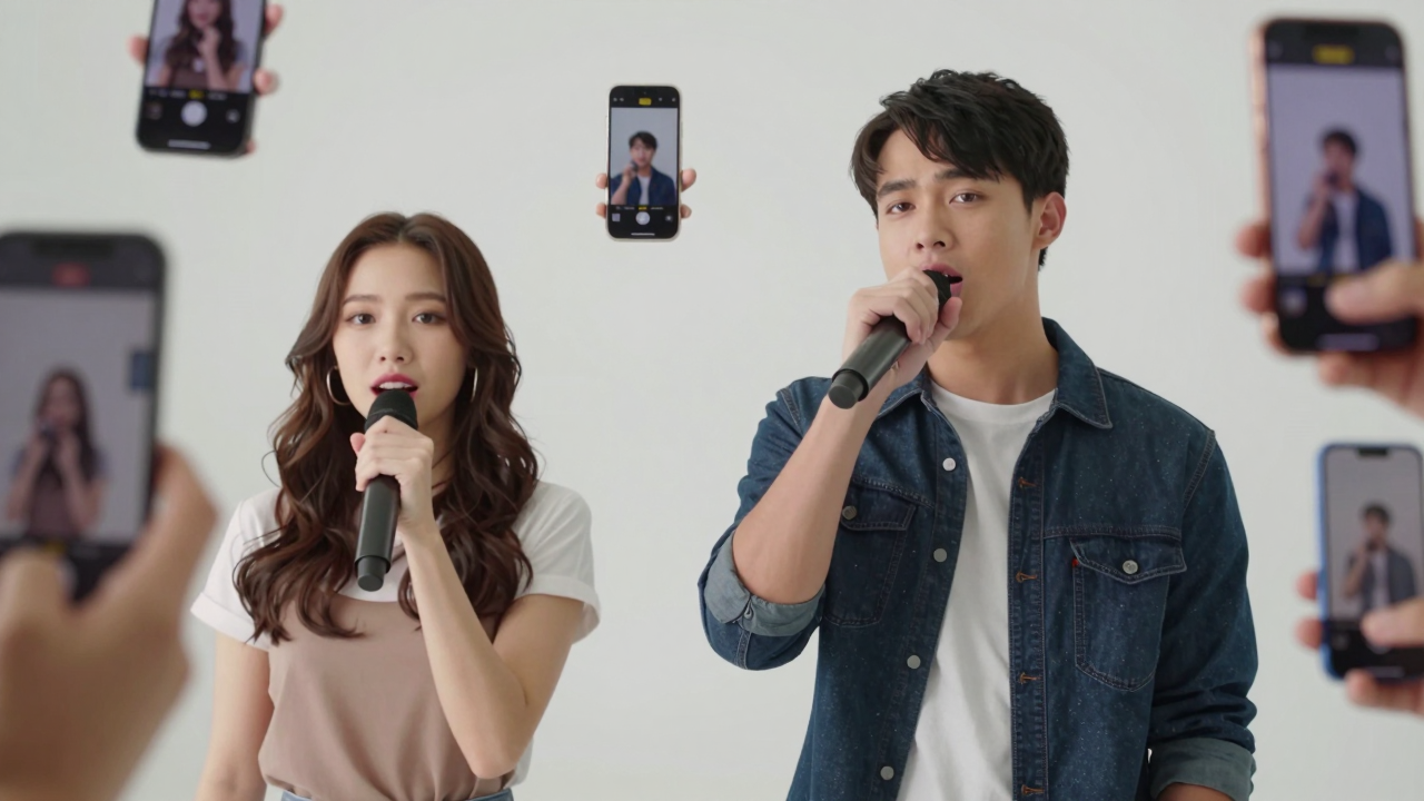 Minh họa một ca sĩ và nữ chính trong bối cảnh quay MV, bên cạnh các màn hình điện thoại.