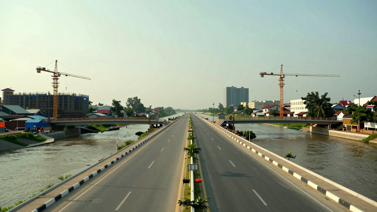 Minh họa phẳng con đường rộng đang thi công nối qua nhiều cây cầu mới, có cần cẩu và khung cảnh đô thị ven sông