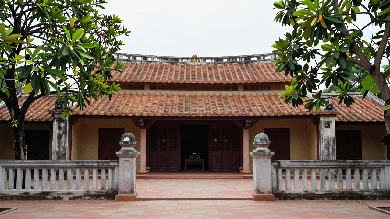 Minh họa phẳng một công trình kiểu nhà cổ mái ngói giữa vườn cây ăn quả, có cổng trụ đá và hàng rào cũ, không có chữ.