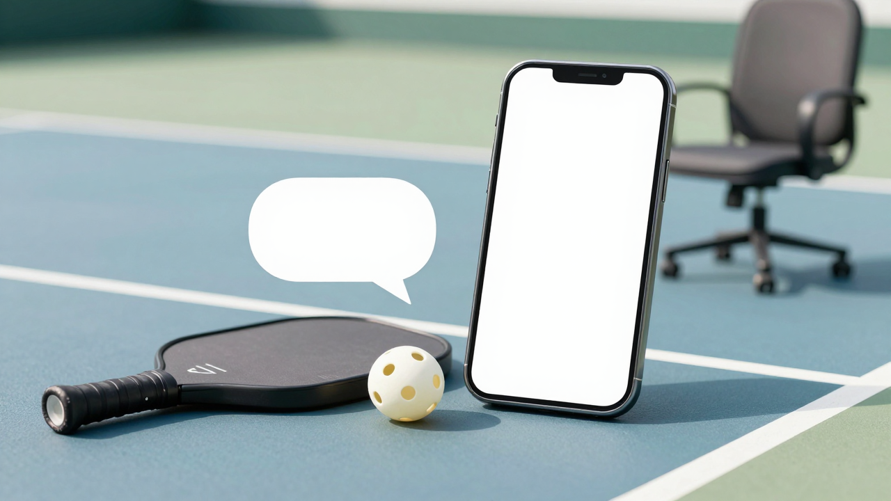 Minh họa phẳng hình vợt pickleball, quả bóng và điện thoại với các bong bóng hội thoại trống trên nền sân.