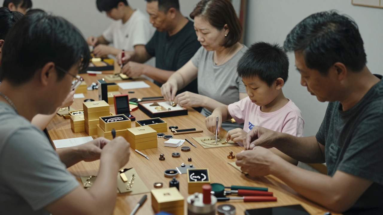 Minh họa phẳng một xưởng thủ công nhỏ với bàn gỗ, hộp và dụng cụ, gợi không khí cả nhà cùng làm việc.
