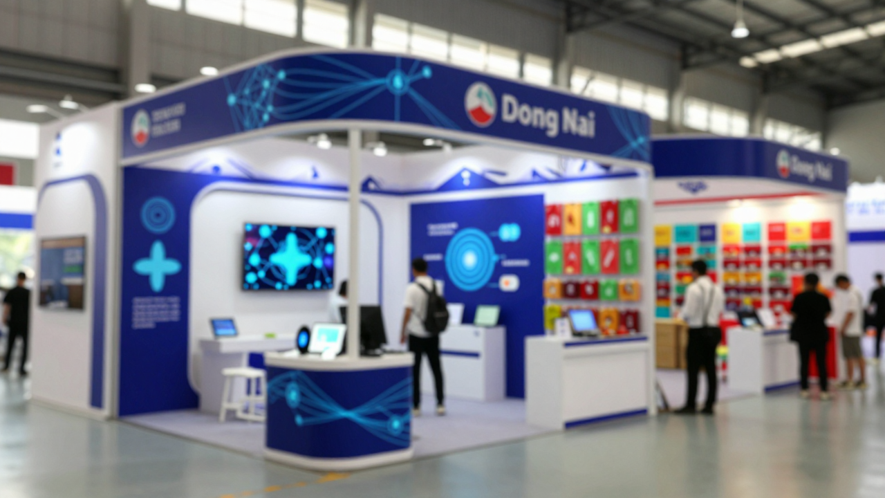 Minh họa các gian hàng công nghệ và sản phẩm địa phương tại một sự kiện ở Đồng Nai