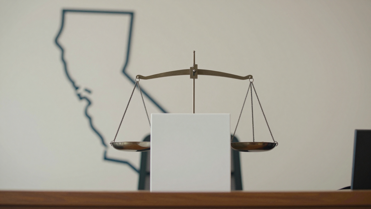 Minh họa mô hình AI bên cạnh cân công lý, gợi đề xuất xem xét việc phát hành tại California.