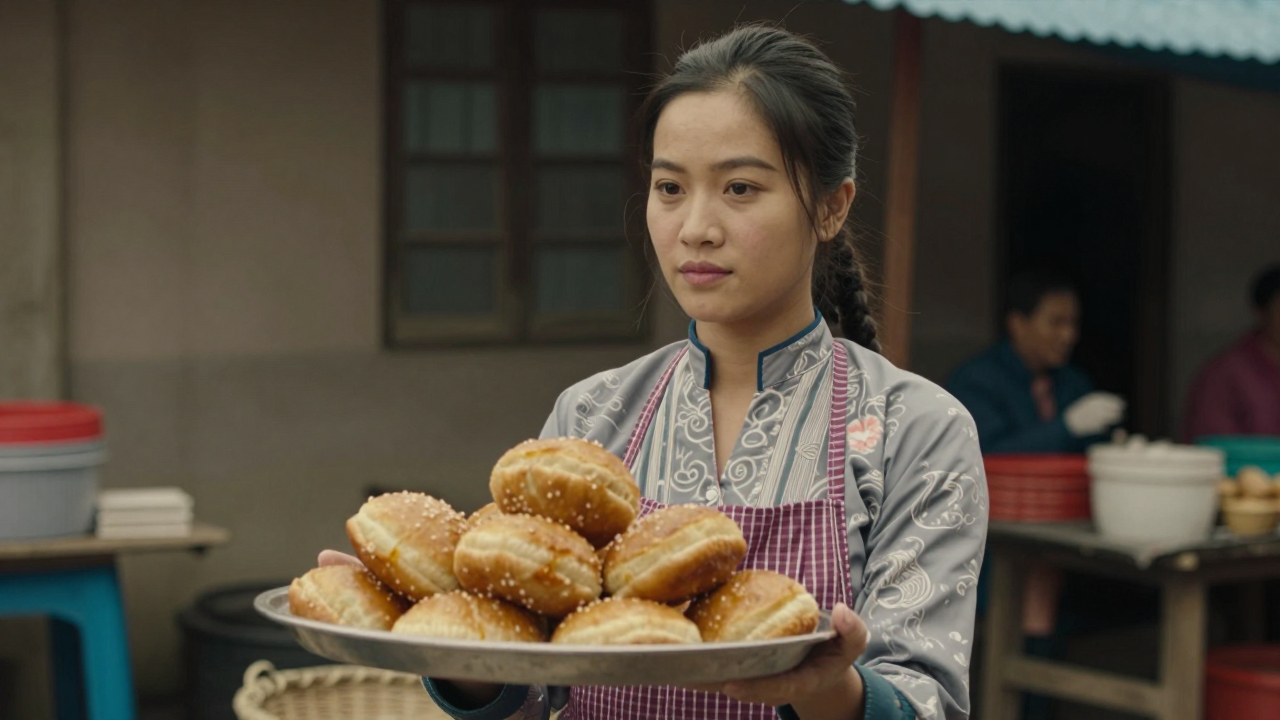 Minh họa nhân vật nữ bán bánh rán tại chợ quê trong một cảnh phim