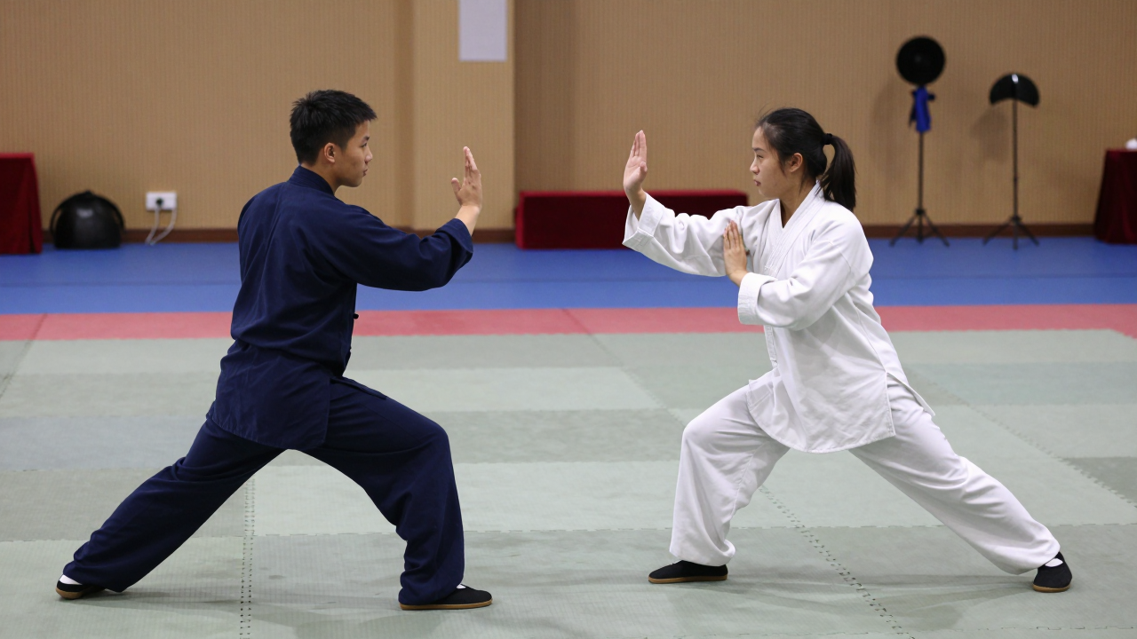 Minh họa hai võ sinh đối kháng tại một giải kung fu truyền thống.