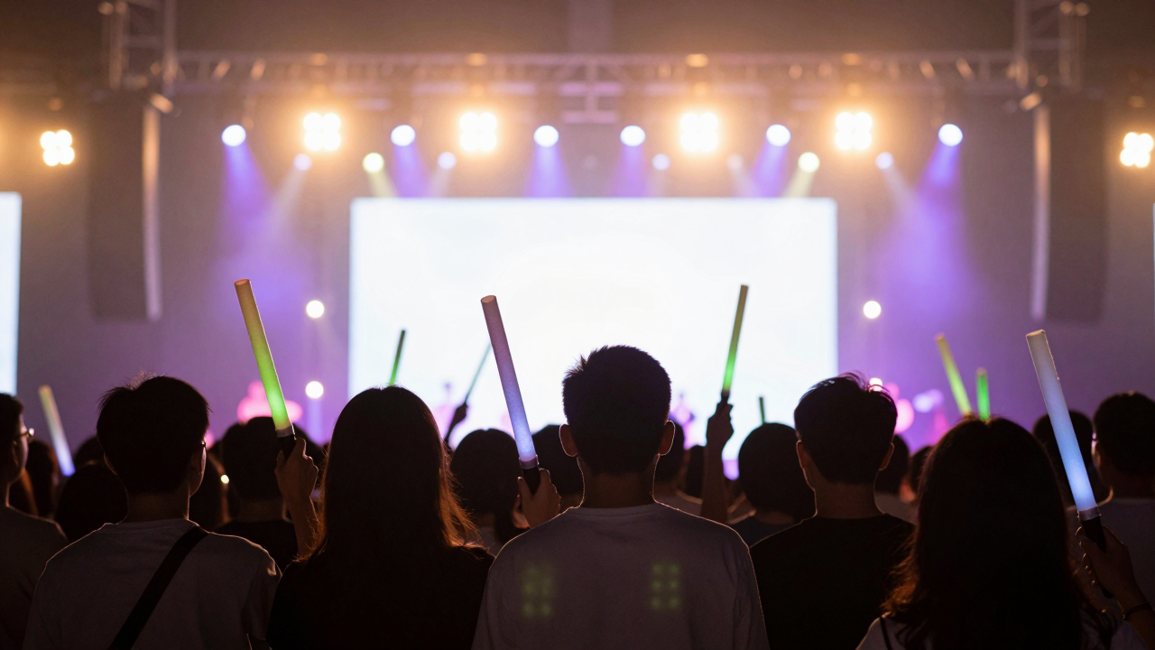 Minh họa phẳng kiểu vector: những bóng người cầm lightstick phát sáng hướng về sân khấu concert rực đèn, không chữ, không logo.