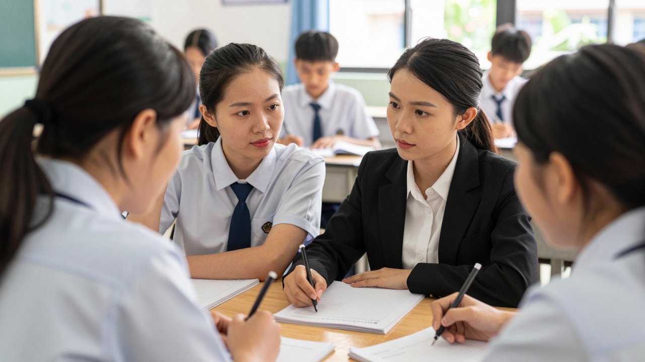 Minh họa giáo viên tiểu học trao đổi chuyên môn trong lớp học
