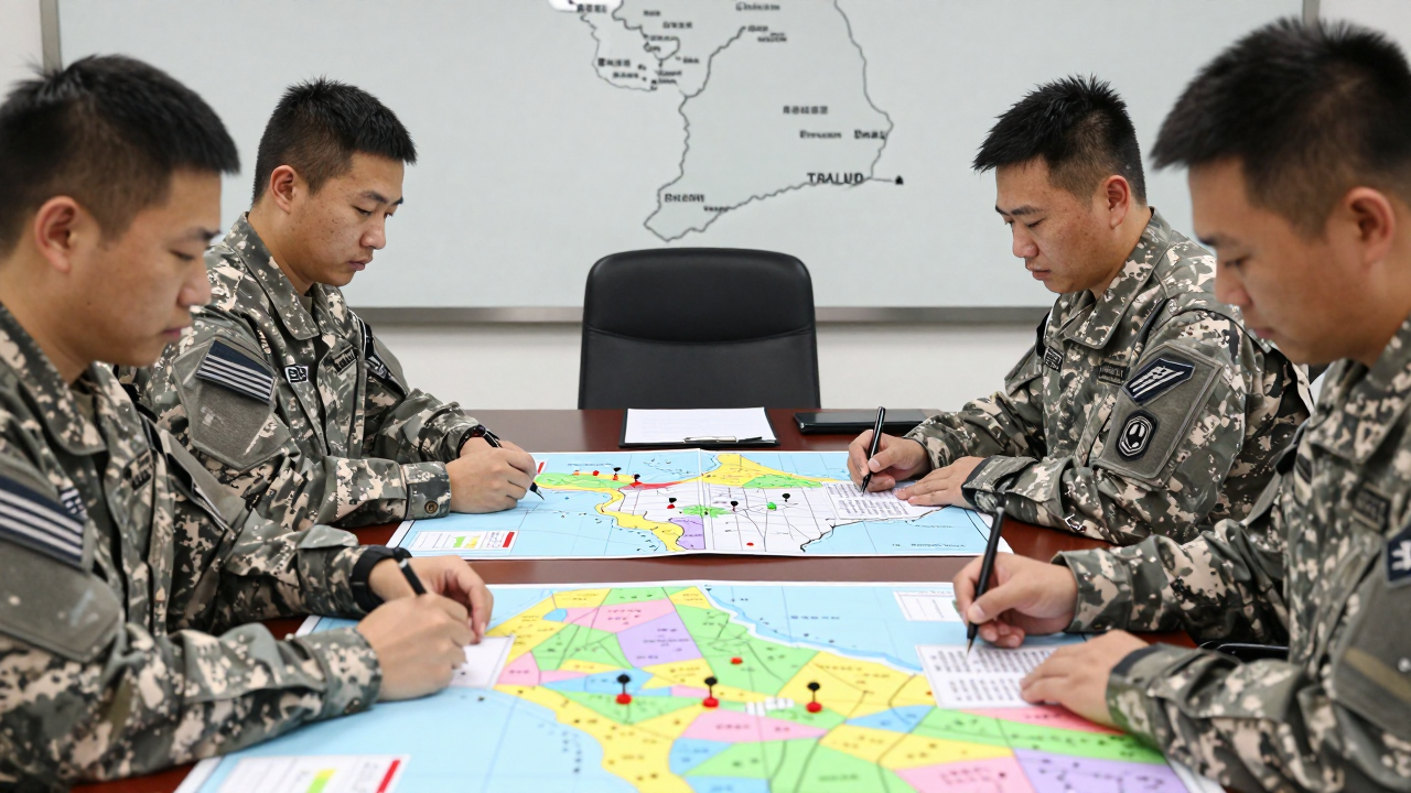 Minh họa hai nhóm quân sự trao đổi quanh bản đồ trong một cuộc diễn tập sa bàn.