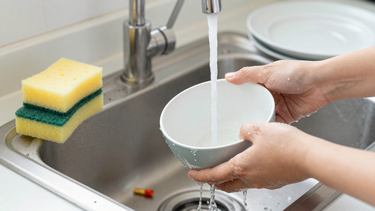 Minh họa việc tráng bát kỹ và giữ miếng rửa bát sạch, khô.