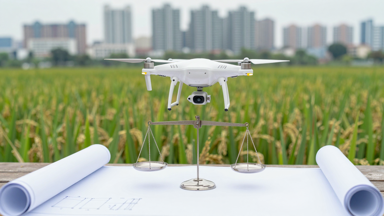 Minh họa phẳng một chiếc drone bay trên cánh đồng lúa, phía xa là đường chân trời thành phố, bên cạnh là chiếc cân và bản vẽ cuộn