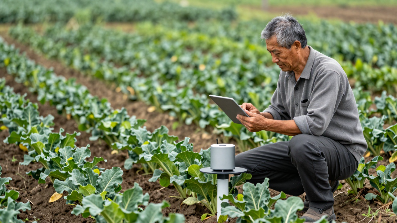 Minh họa người nông dân lớn tuổi dùng máy tính bảng giữa cánh đồng canh tác xanh.
