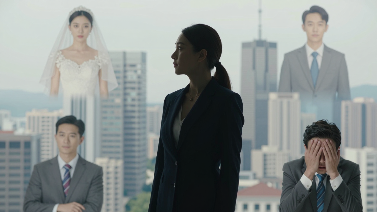 Minh họa diễn viên trước khung cảnh đô thị với biểu tượng hôn nhân và sự nghiệp.