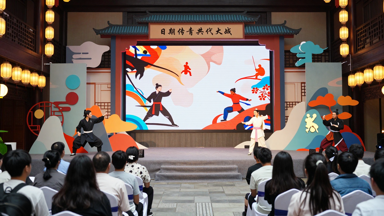 Minh họa sân khấu sự kiện game phong cách kiếm hiệp với ánh đèn lễ hội