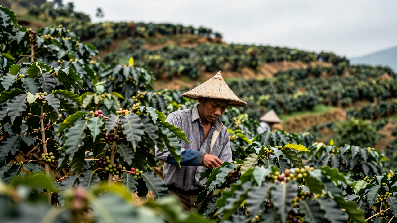 Minh họa người làm nông giữa vườn cà phê ở vùng quê
