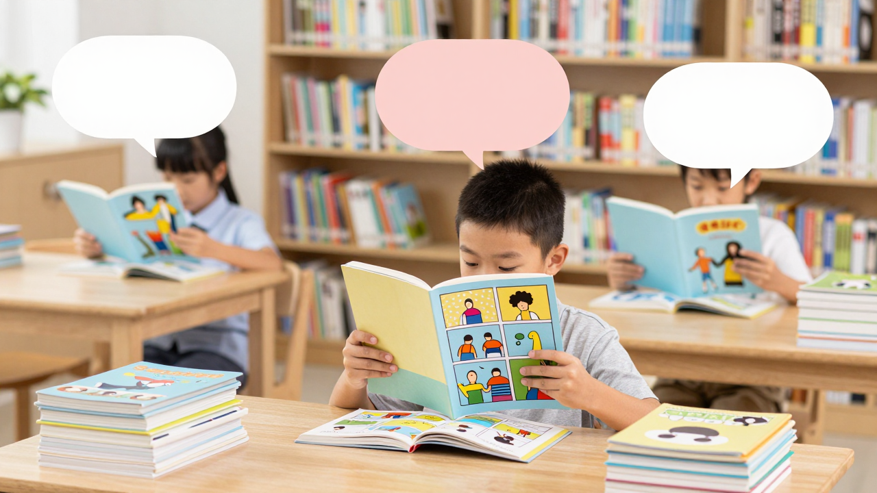Minh họa phẳng: các em nhỏ đọc tiểu thuyết đồ họa bên kệ sách thư viện trường học