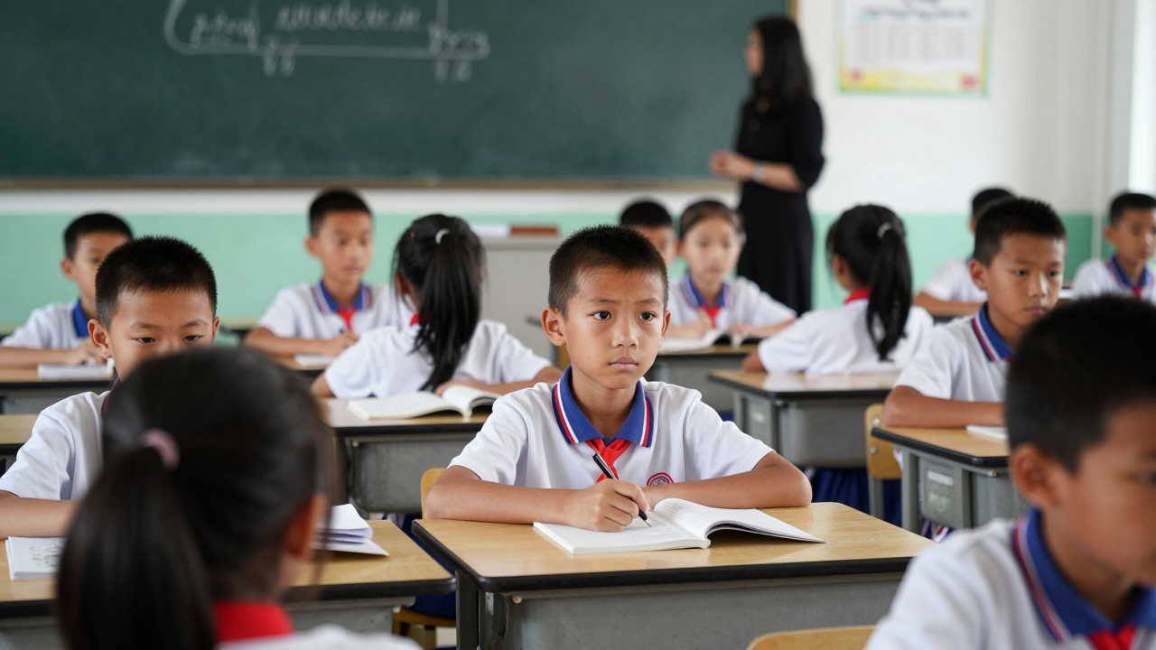 Minh họa lớp học tiểu học với giáo viên và học sinh trong không khí nghiêm túc