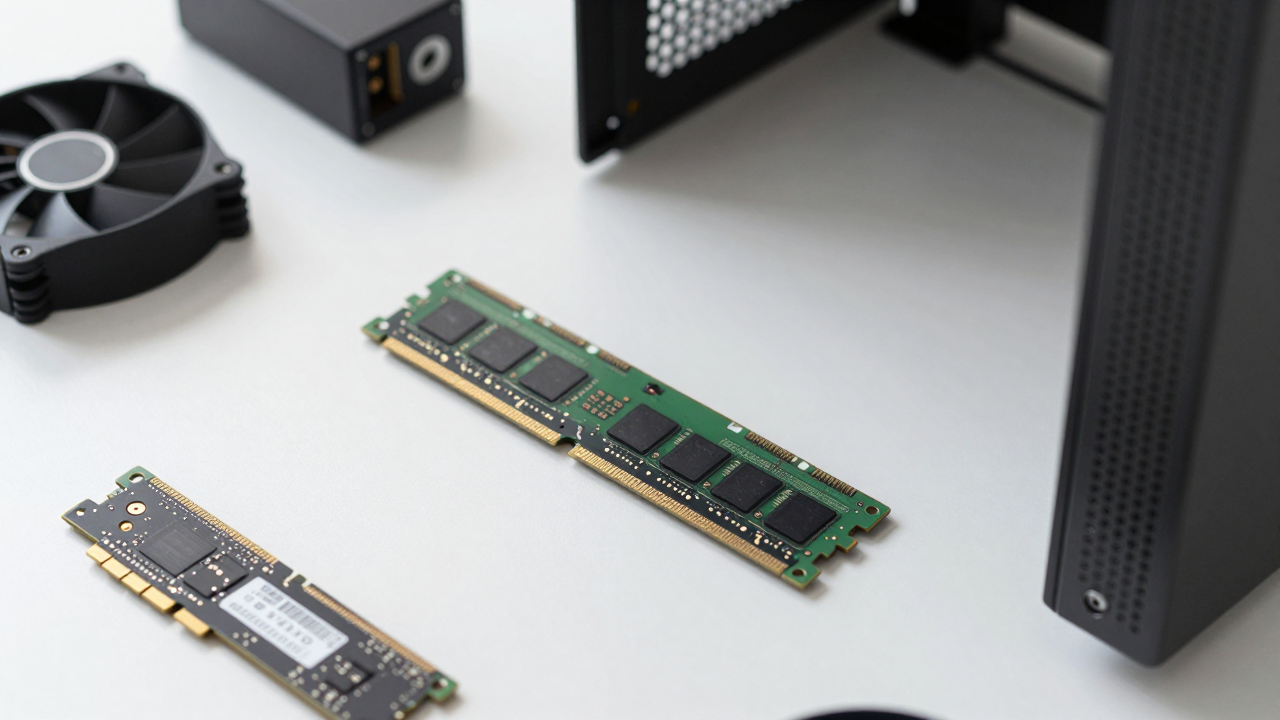 Minh họa máy tính cùng RAM, ổ SSD và quạt tản nhiệt
