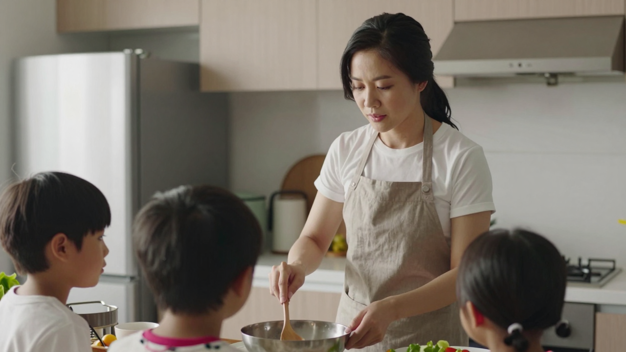 Minh họa người mẹ nấu ăn trong bếp cùng hai con nhỏ